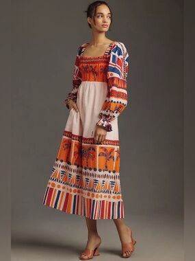 NWT Farm Rio x Anthropologie Long-Sleeve Smocked Printed Midi Dress Rare